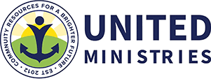 A blue and white logo of united ministries.